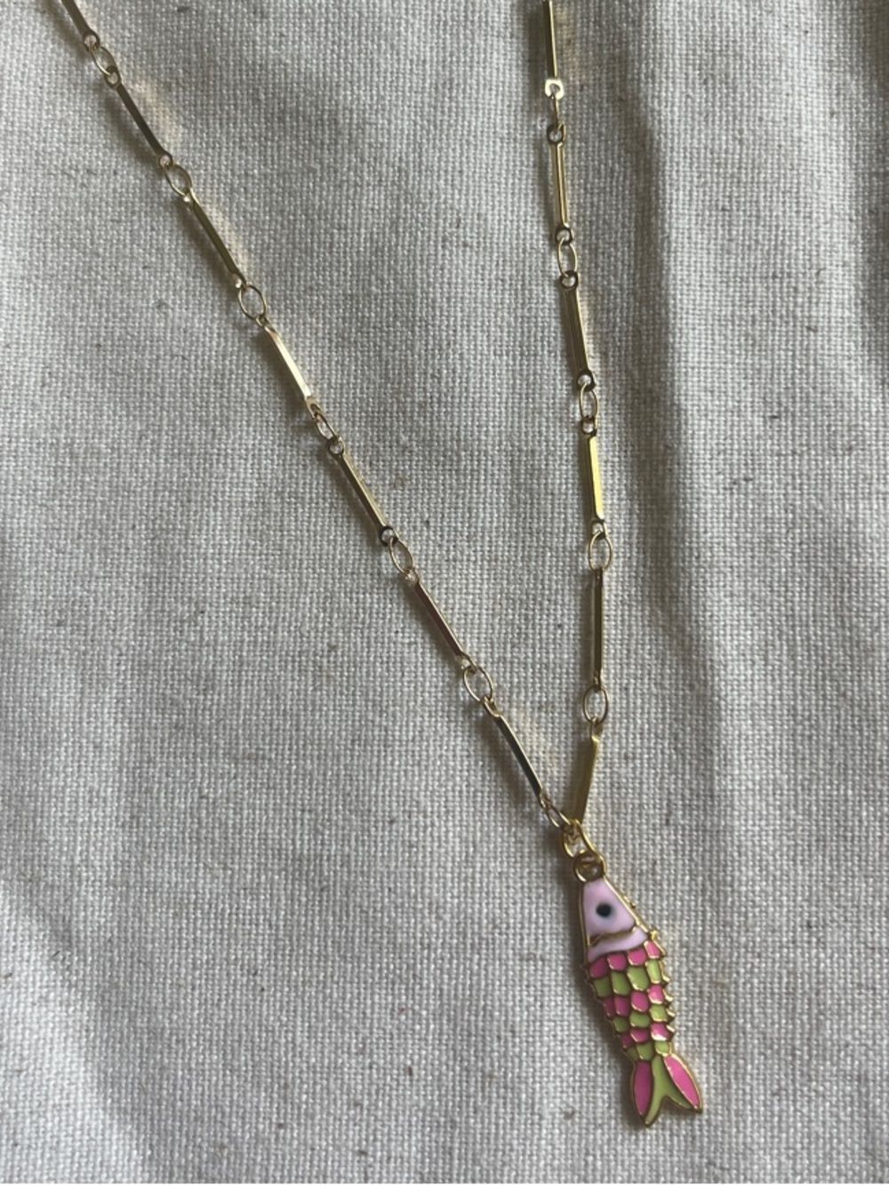 Gold Chain Necklace with Pink & Green Fish Pendant